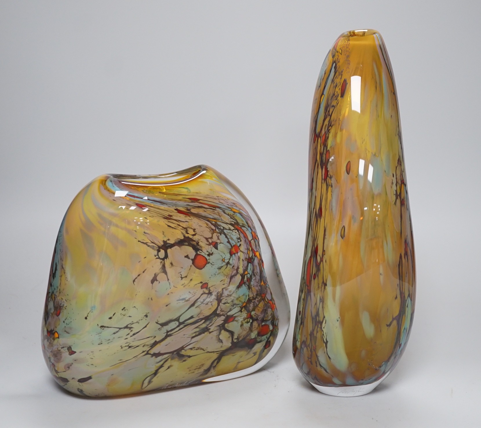 Two contemporary free-form studio glass vases, indistinctly signed, tallest 29cms high